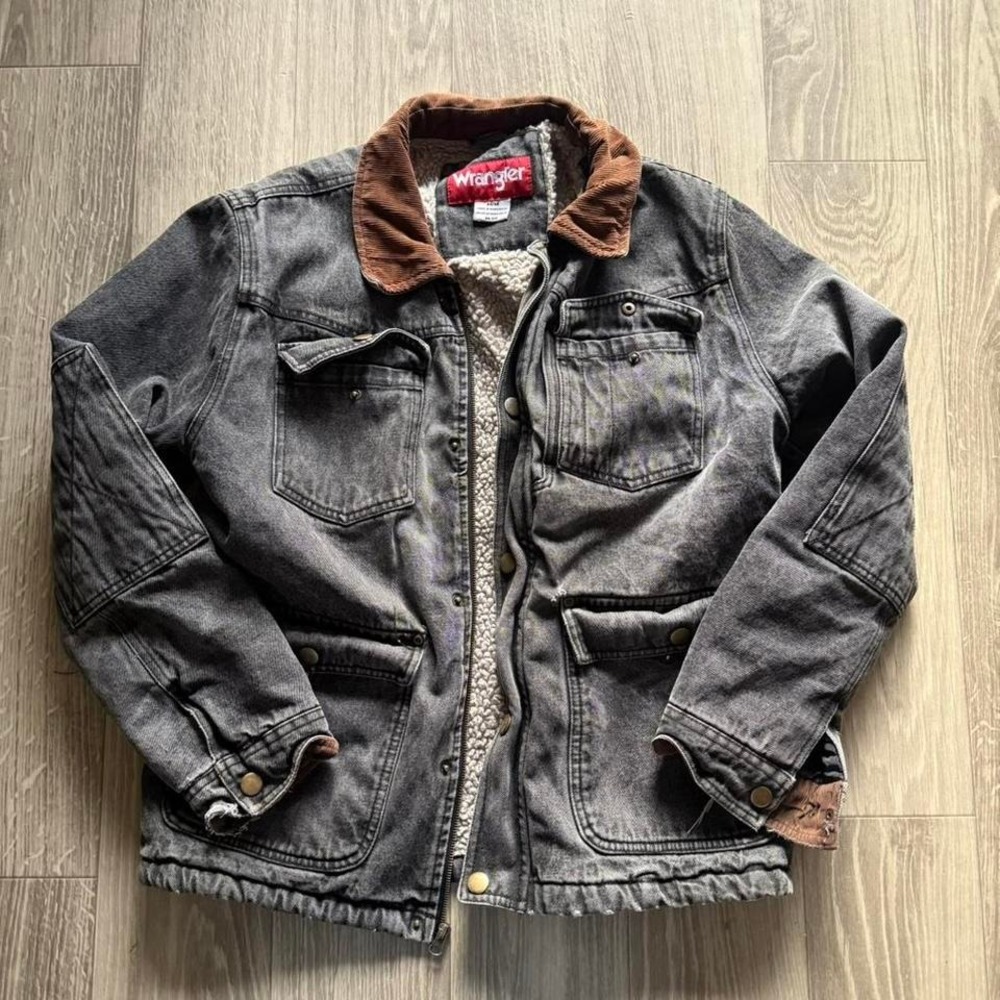 Wrangler Sherpa Lined Denim Jacket Men's Medium Black Washed Corduroy Collar